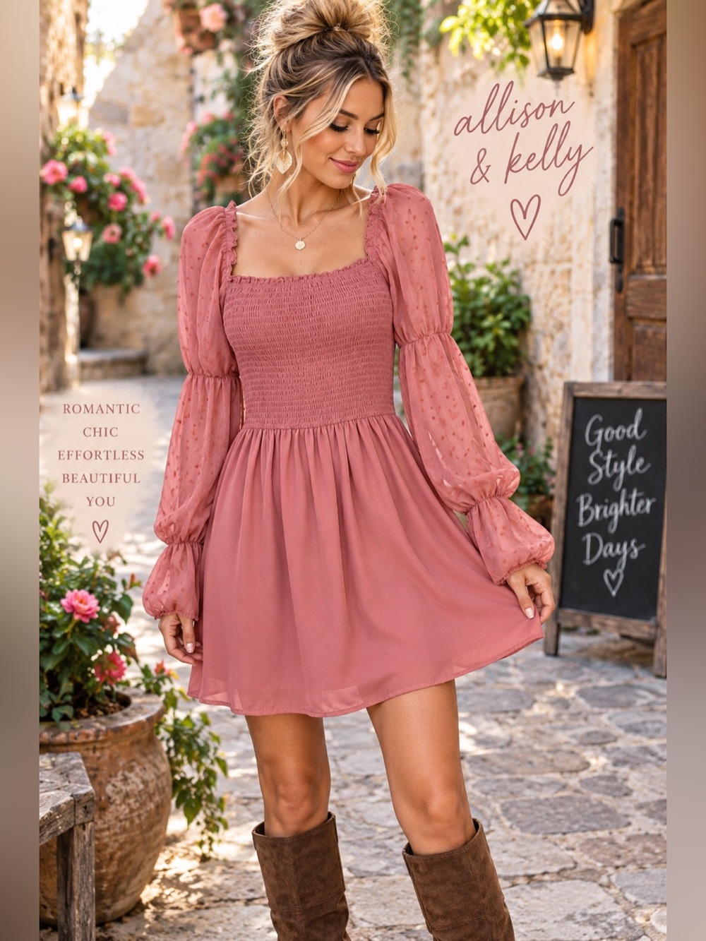 Allison & Kelly Dusty Rose Smocked Swiss Dot Puff Sleeve Dress M